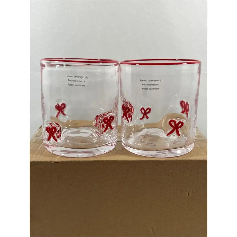 Set of 2 Red Bow Ribbon Juice Glasses Red Rim Icon Christmas Valentines Drinking